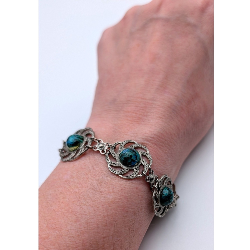 Vintage Silver Tone Filigree Swirl Link Bracelet Blue Green Cabochon 7.5"